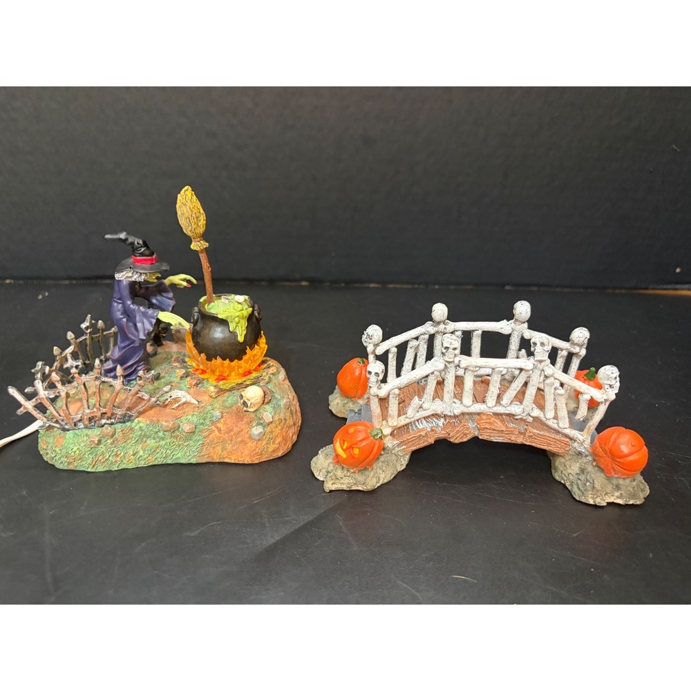 Dept 56 Halloween Witch Cauldron Light Rotating Broom & Lemax Skeleton Bridge